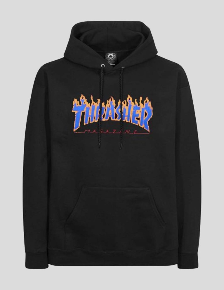 Sudadera THRASHER flame logo hood black blue