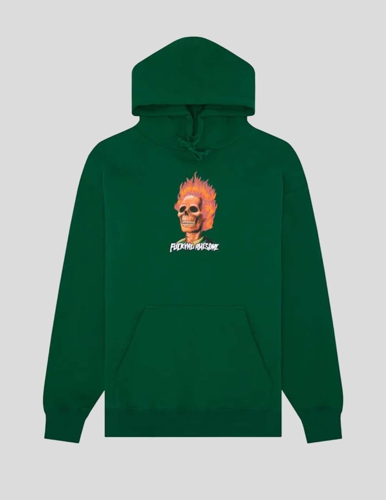 Sudadera FUCKING AWESOME  flame skull hoodie dark green